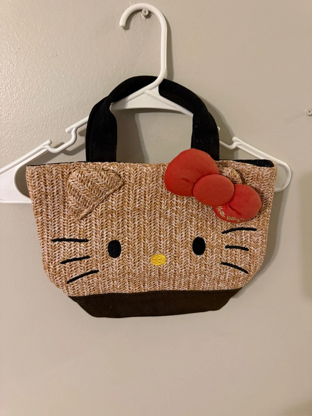 Hello Kitty Sanrio Woven Straw Tote Bag Red Bow Black Handles - Picture 2 of 12
